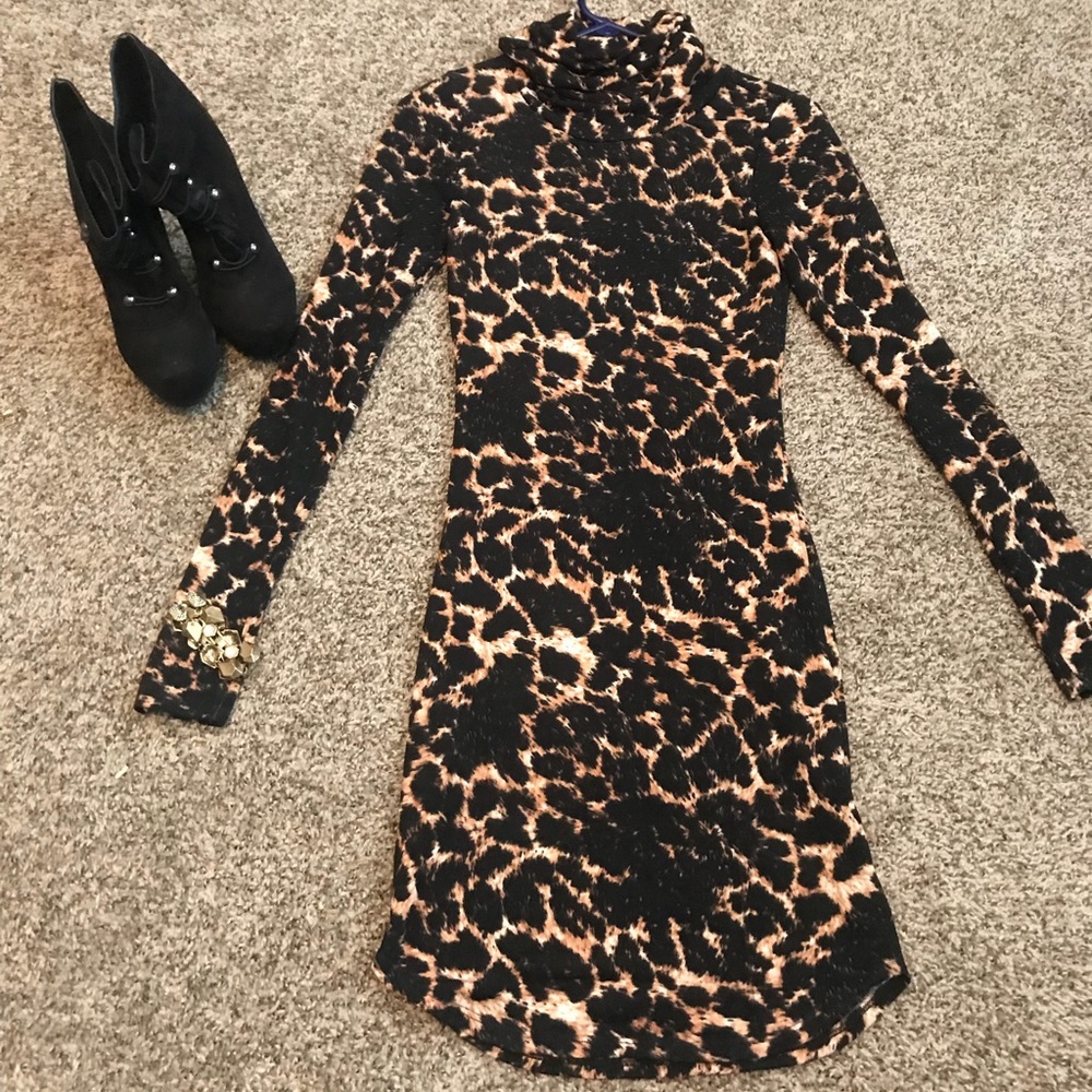 Leopard print mock neck dress